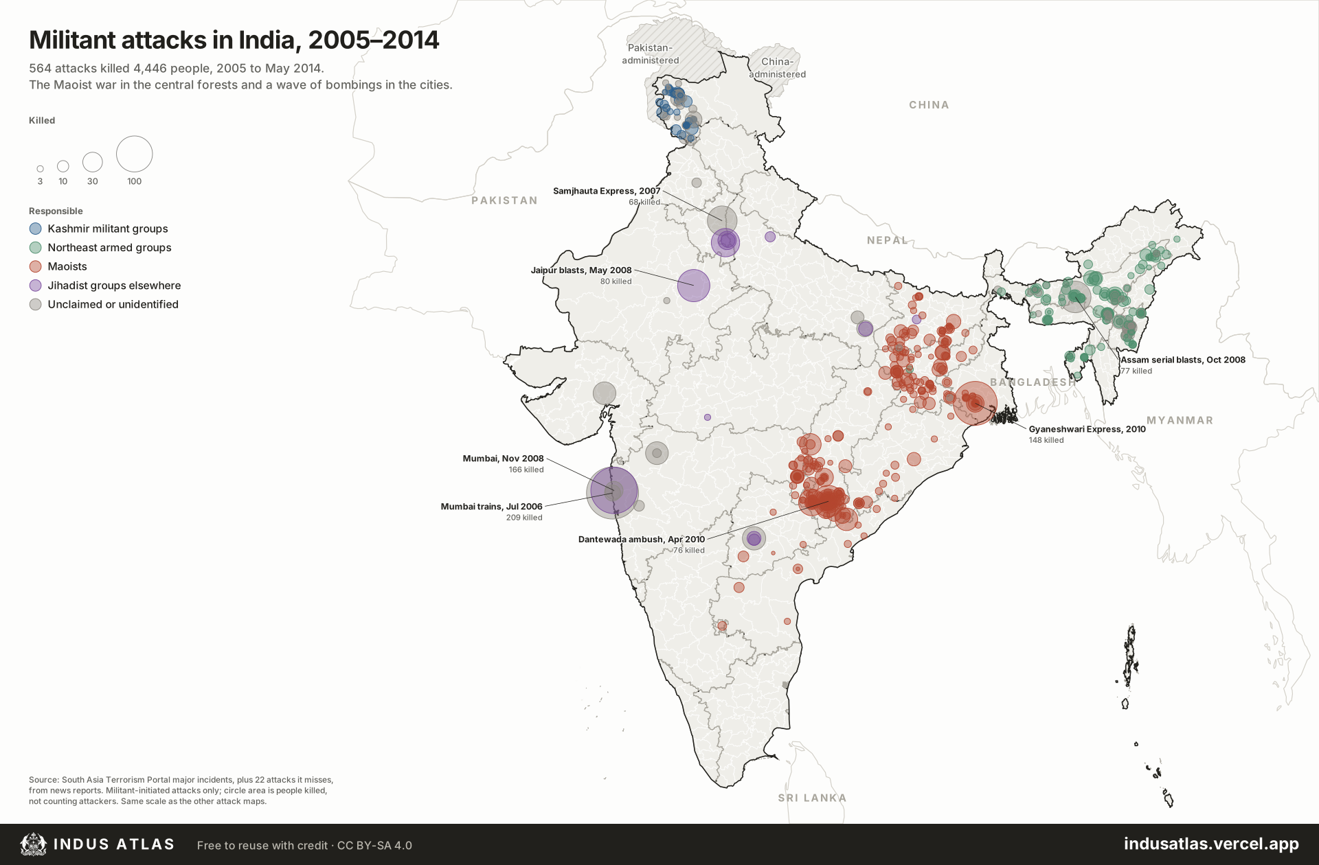 Map: Militant attacks in India, 2005–2014. 564 attacks killed 4,446 people from January 2005 to May 2014, the years of the Maoist war and the city bombings.